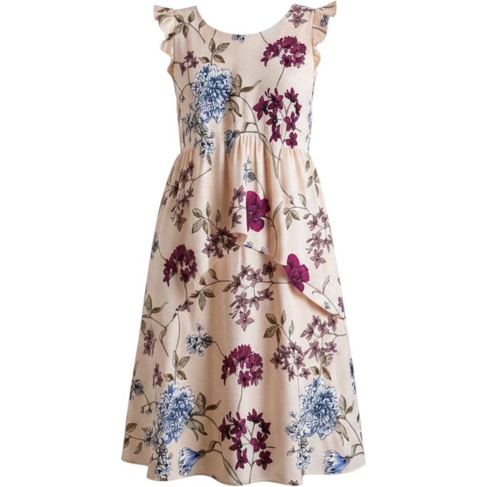 Lauren Ralph Lauren Midi Dress Womens 8 Peach Floral Ruffle Sleeve